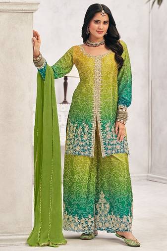 Lime chiffon sequins work semi stitched salwar suits suits size up to 42