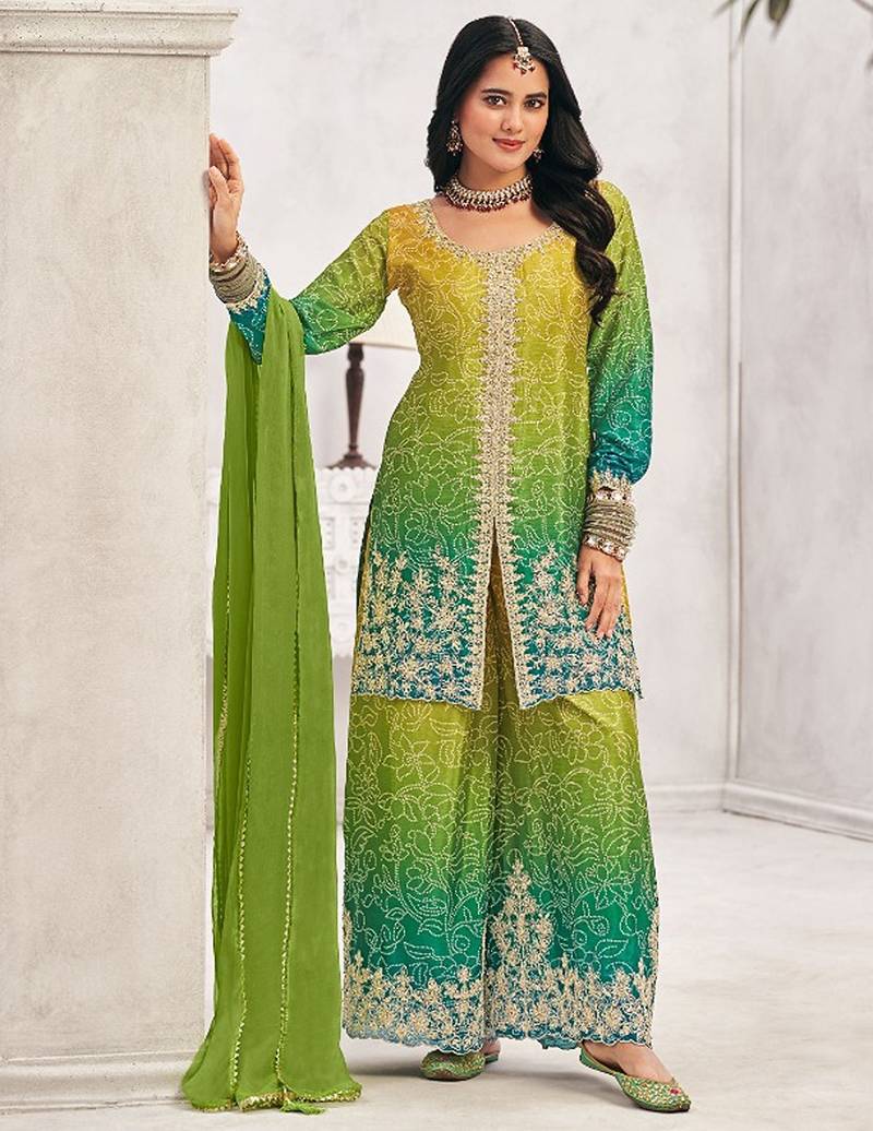 Lime chiffon sequins work semi stitched salwar suits suits size up to 42