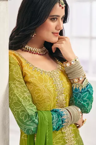 Lime chiffon sequins work semi stitched salwar suits suits size up to 42