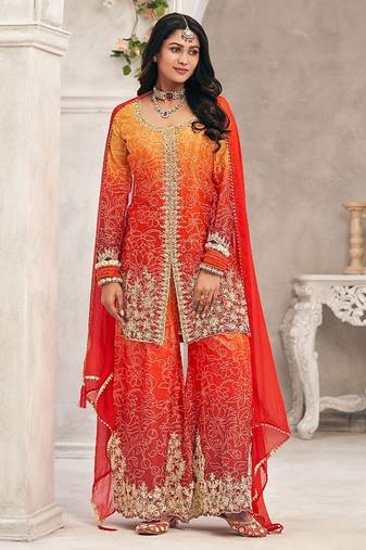 Orange chiffon sequins work semi stitched salwar suits suits size up to 42