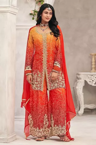 Orange chiffon sequins work semi stitched salwar suits suits size up to 42