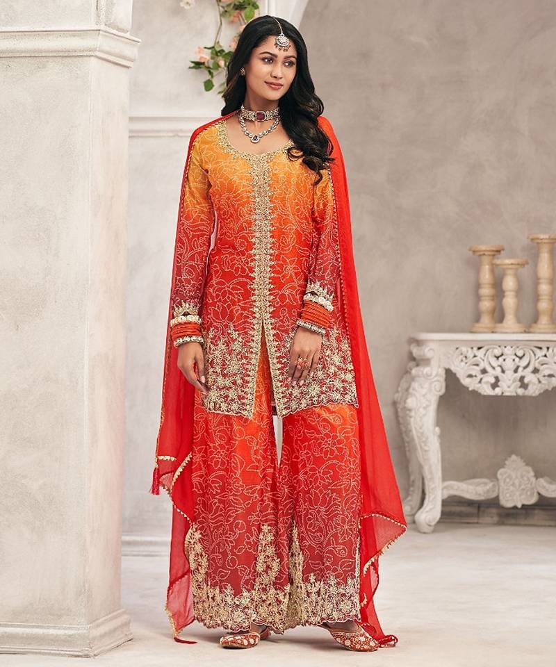 Orange chiffon sequins work semi stitched salwar suits suits size up to 42