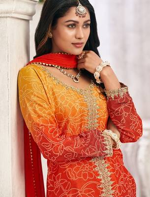 Orange chiffon sequins work semi stitched salwar suits suits size up to 42 2