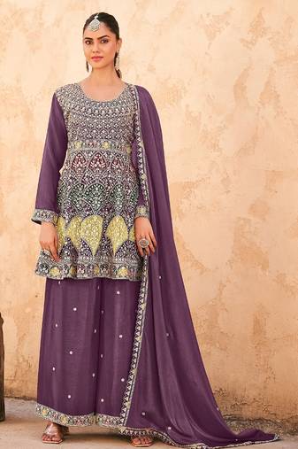 Purple chiffon sequins work semi stitched salwar suits suits size up to 42