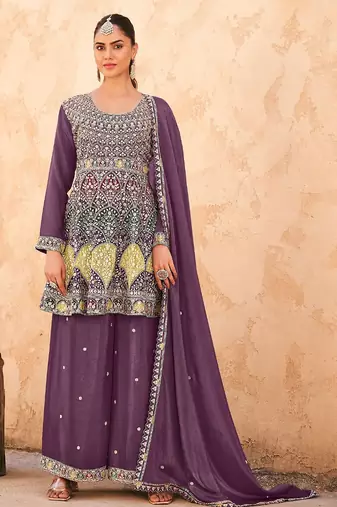 Purple chiffon sequins work semi stitched salwar suits suits size up to 42
