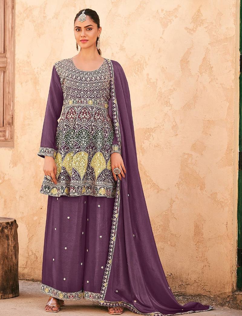 Purple chiffon sequins work semi stitched salwar suits suits size up to 42