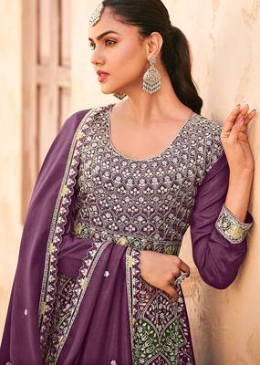 Purple chiffon sequins work semi stitched salwar suits suits size up to 42 2