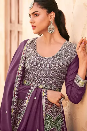 Purple chiffon sequins work semi stitched salwar suits suits size up to 42