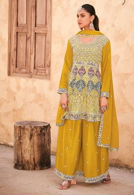 Yellow chiffon sequins work semi stitched salwar suits suits size up to 42 1
