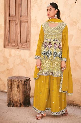 Yellow chiffon sequins work semi stitched salwar suits suits size up to 42