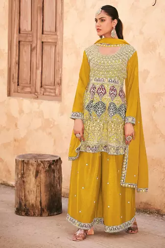 Yellow chiffon sequins work semi stitched salwar suits suits size up to 42