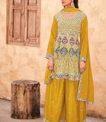 Yellow chiffon sequins work semi stitched salwar suits suits size up to 42