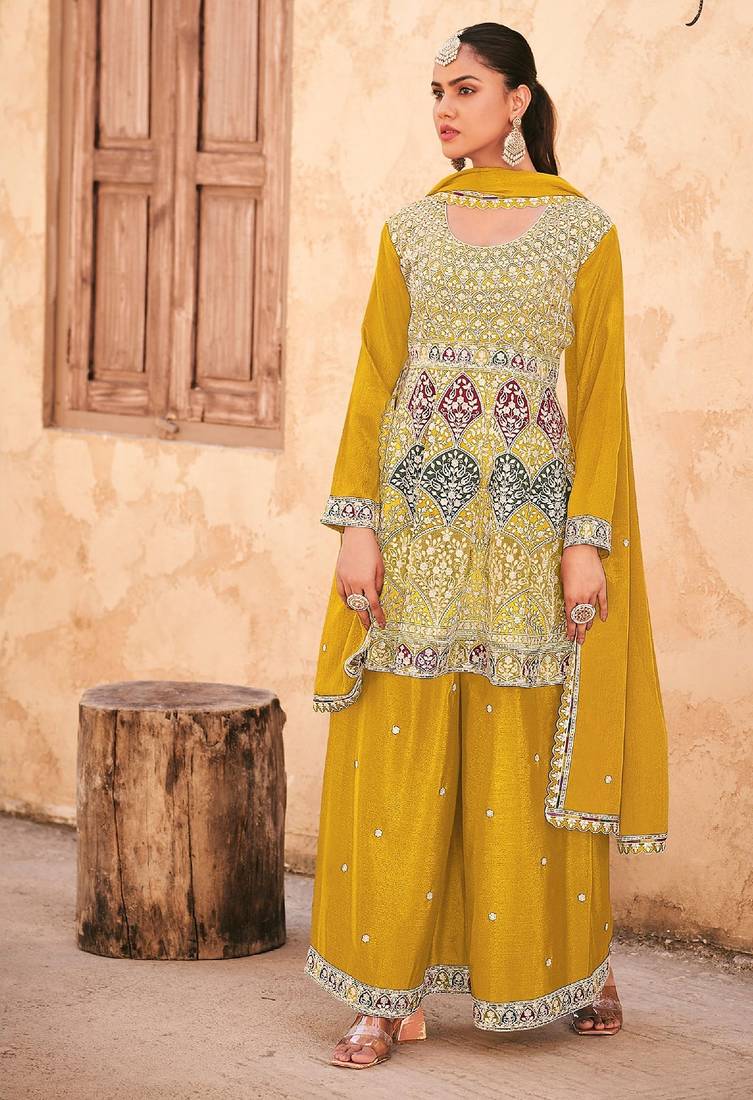 Yellow chiffon sequins work semi stitched salwar suits suits size up to 42