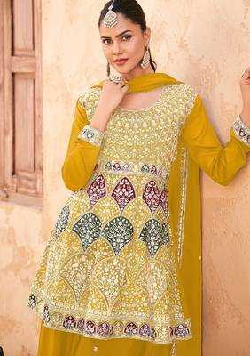 Yellow chiffon sequins work semi stitched salwar suits suits size up to 42 2