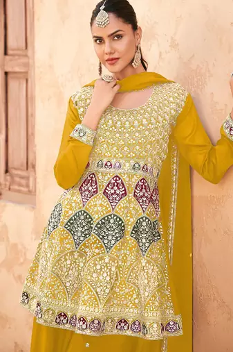 Yellow chiffon sequins work semi stitched salwar suits suits size up to 42