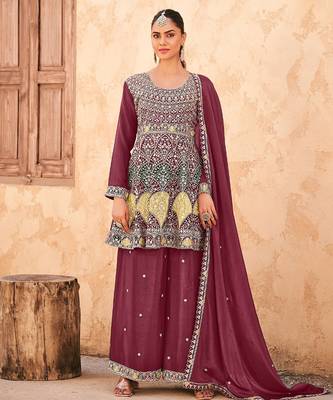 Mauve chiffon sequins work semi stitched salwar suits suits size up to 42 1