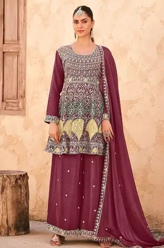 Mauve chiffon sequins work semi stitched salwar suits suits size up to 42