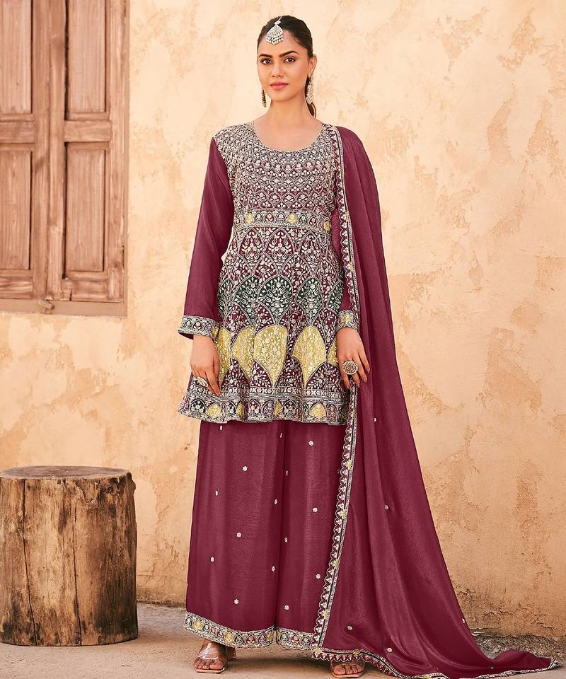 Mauve chiffon sequins work semi stitched salwar suits suits size up to 42