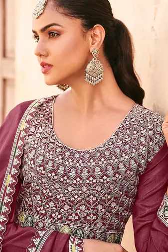 Mauve chiffon sequins work semi stitched salwar suits suits size up to 42