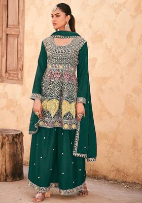 Teal green chiffon sequins work semi stitched salwar suits suits size up to 42 1