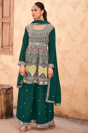 Teal green chiffon sequins work semi stitched salwar suits suits size up to 42