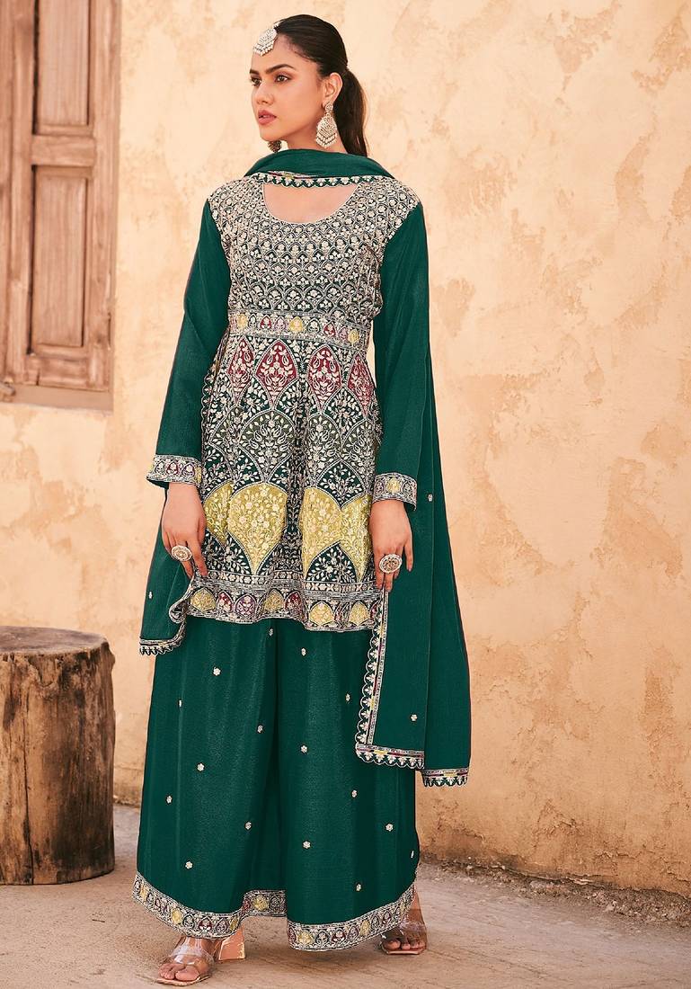Teal green chiffon sequins work semi stitched salwar suits suits size up to 42
