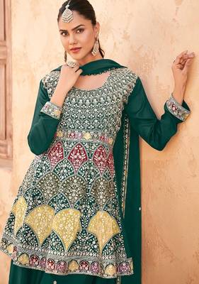 Teal green chiffon sequins work semi stitched salwar suits suits size up to 42 2