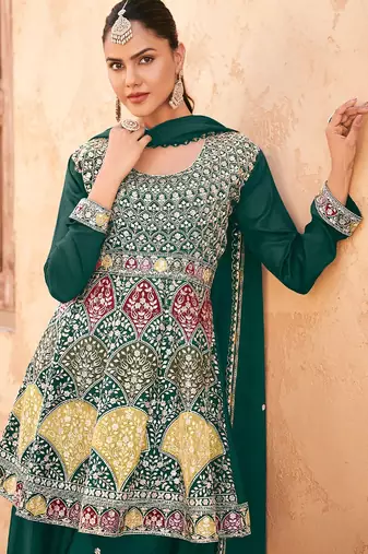 Teal green chiffon sequins work semi stitched salwar suits suits size up to 42