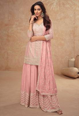 Pink chiffon sequins work semi stitched salwar suits suits size up to 42 1