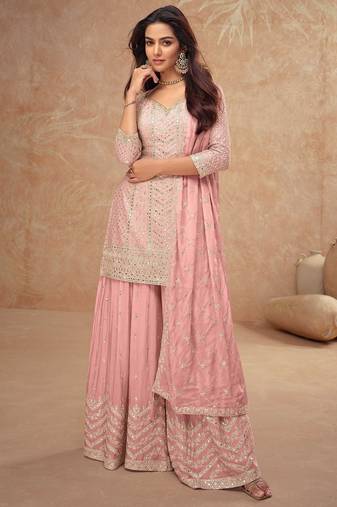 Pink chiffon sequins work semi stitched salwar suits suits size up to 42