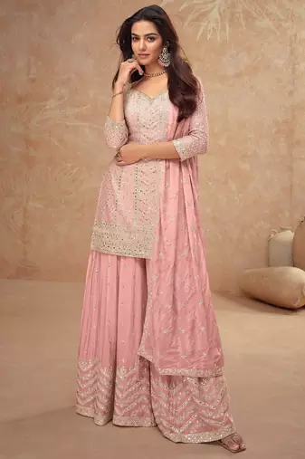 Pink chiffon sequins work semi stitched salwar suits suits size up to 42