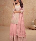 Pink chiffon sequins work semi stitched salwar suits suits size up to 42