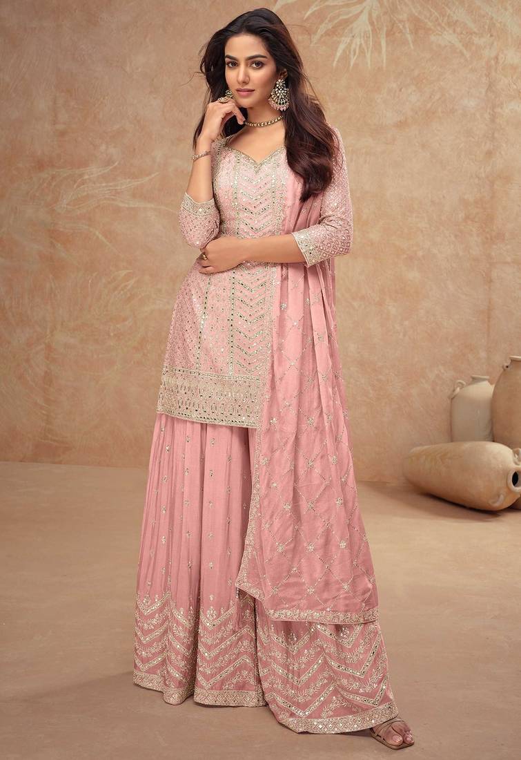 Pink chiffon sequins work semi stitched salwar suits suits size up to 42