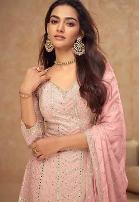 Pink chiffon sequins work semi stitched salwar suits suits size up to 42 2