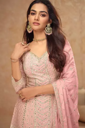 Pink chiffon sequins work semi stitched salwar suits suits size up to 42