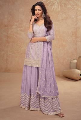 Lilac chiffon sequins work semi stitched salwar suits suits size up to 42 1