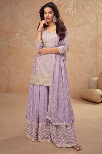 Lilac chiffon sequins work semi stitched salwar suits suits size up to 42