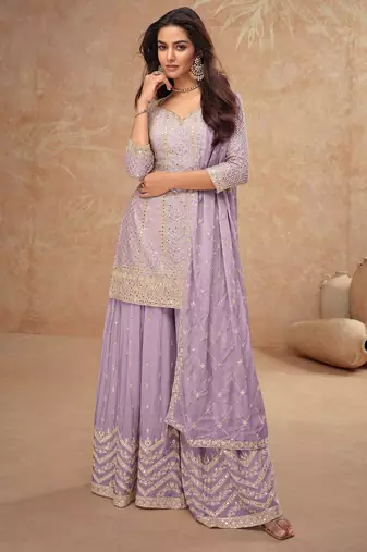 Lilac chiffon sequins work semi stitched salwar suits suits size up to 42
