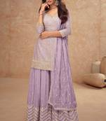 Lilac chiffon sequins work semi stitched salwar suits suits size up to 42