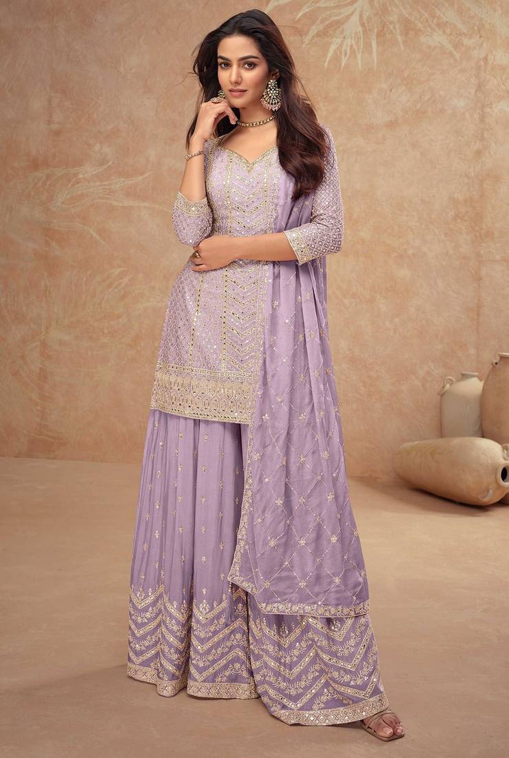 Lilac chiffon sequins work semi stitched salwar suits suits size up to 42