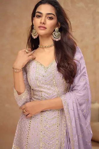 Lilac chiffon sequins work semi stitched salwar suits suits size up to 42