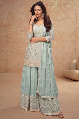 Blue chiffon sequins work semi stitched salwar suits suits size up to 42 1