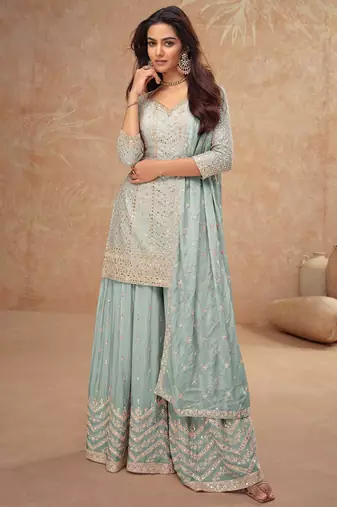 Blue chiffon sequins work semi stitched salwar suits suits size up to 42