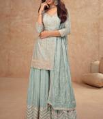 Blue chiffon sequins work semi stitched salwar suits suits size up to 42