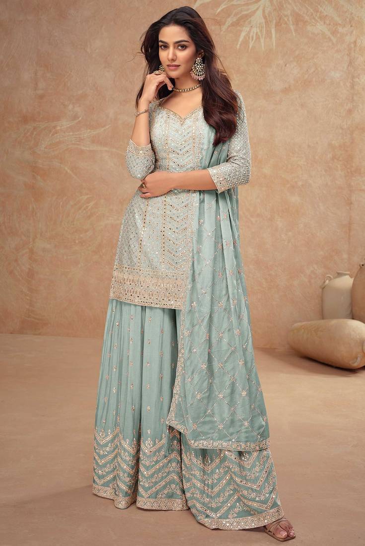 Blue chiffon sequins work semi stitched salwar suits suits size up to 42