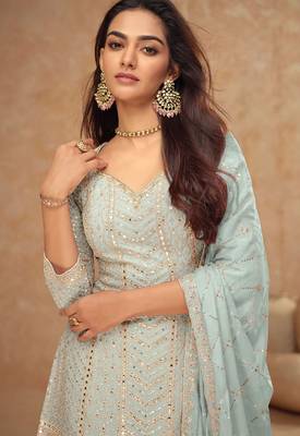 Blue chiffon sequins work semi stitched salwar suits suits size up to 42 2