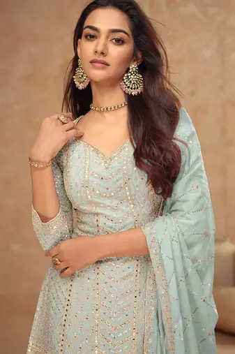 Blue chiffon sequins work semi stitched salwar suits suits size up to 42