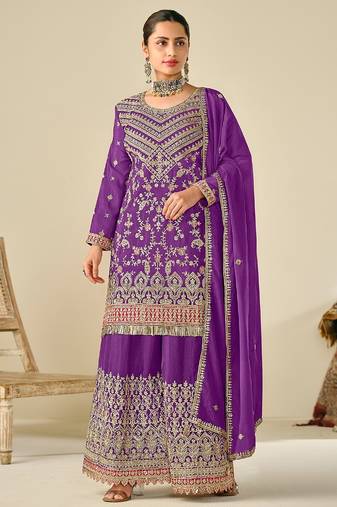 Purple chiffon sequins work semi stitched salwar suits suits size up to 42