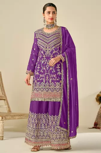 Purple chiffon sequins work semi stitched salwar suits suits size up to 42