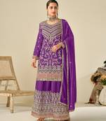 Purple chiffon sequins work semi stitched salwar suits suits size up to 42